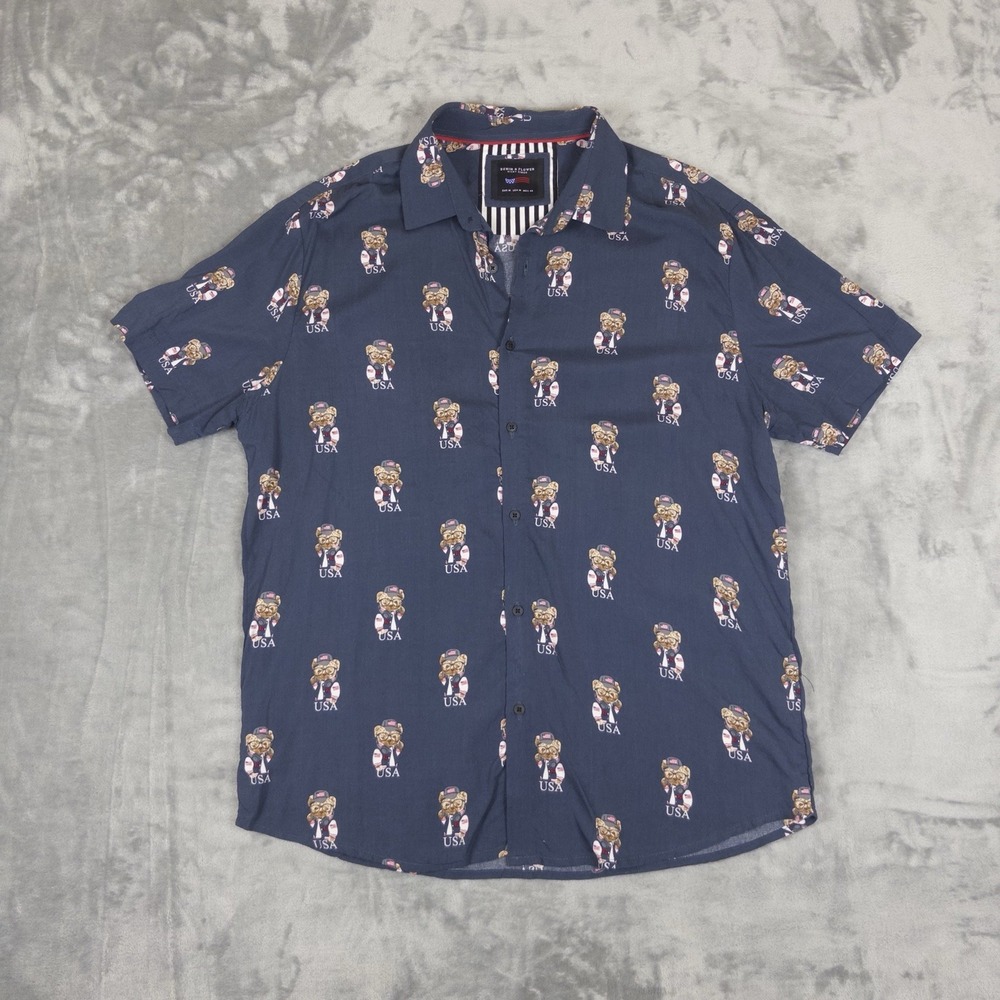 Denim & Flower Button Down Shirt AOP Bear USA Mens M Short Sleeve World Cup